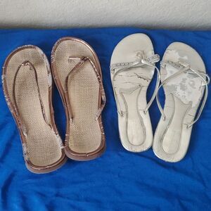 2 Pairs Used Thong Sandals Brown & White Embellished Well worn flip flops s 9